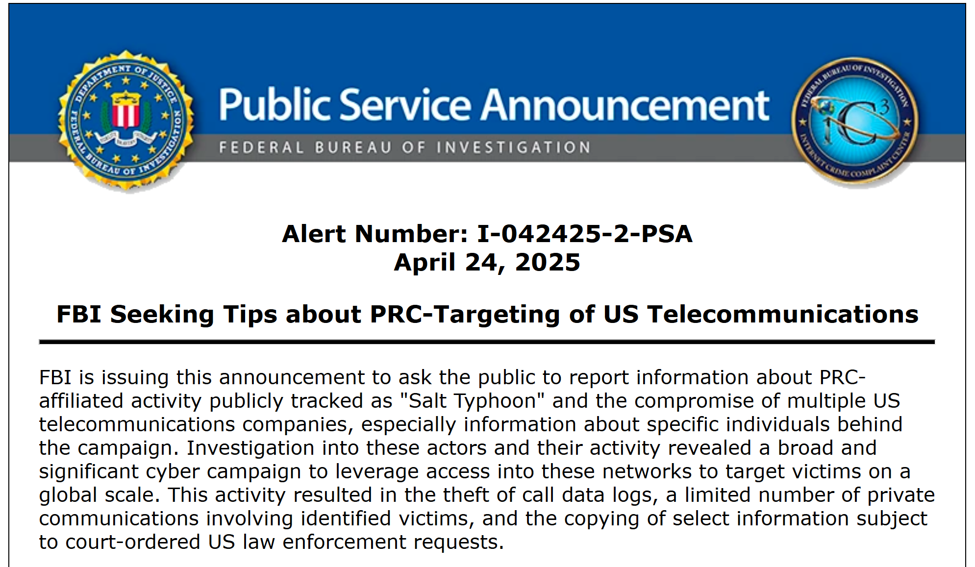 FBI, 10 milionë dollarë për ata që japin informacione mbi Salt Typhoon